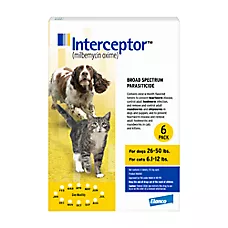 Interceptor Flavored Tablet for Dog & Cat - 26-50 lbs Dogs / 6.1-12 lbs Cats (Yellow) - 6-mos supply
