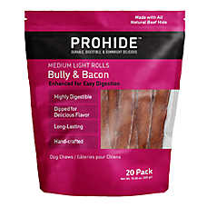 ProHide Highly Digestible Raw Hide Dog Chews - Bully & Bacon Medium Light Rolls
