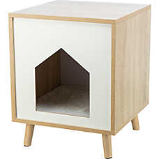 TRIXIE Isa Indoor Wooden Cat Condo, Modern Cat Bed Side Table with Cozy Cushion, Brown/White