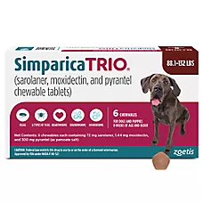 Simparica Trio Chewable Tablets for Dogs, 88.1-132 lbs (Brown), 1 or 6 Month Supply