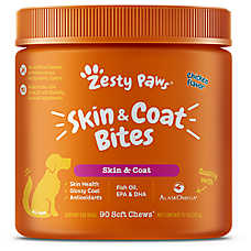 Zesty Paws Dog Skin & Coat Bites, Omega-3 Support with EPA and DHA, Chicken Flavor Soft Chews, 90 ct