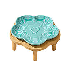 PawsPik Cat Flower Ceramic Feeding Plate with Raised Bamboo Stand