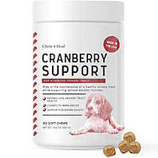 Chew + Heal Dog Cranberry Support Urinary Tract Soft Chew Supplements, Bladder Support, 120 Count