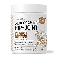 Chew + Heal Dog Glucosamine Hip + Joint Supplement, Peanut Butter Flavor Soft Chews, 90 Count