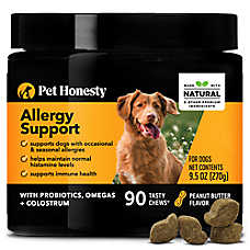 Pet Honesty Dog Allergy Support Supplement, Occasional & Seasonal Allergies, Peanut Butter, 90ct