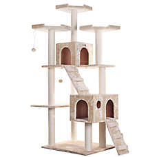 Armarkat 74-in Faux Fur Two Condo & Running Ramps Real Wood Cat Tree, Beige